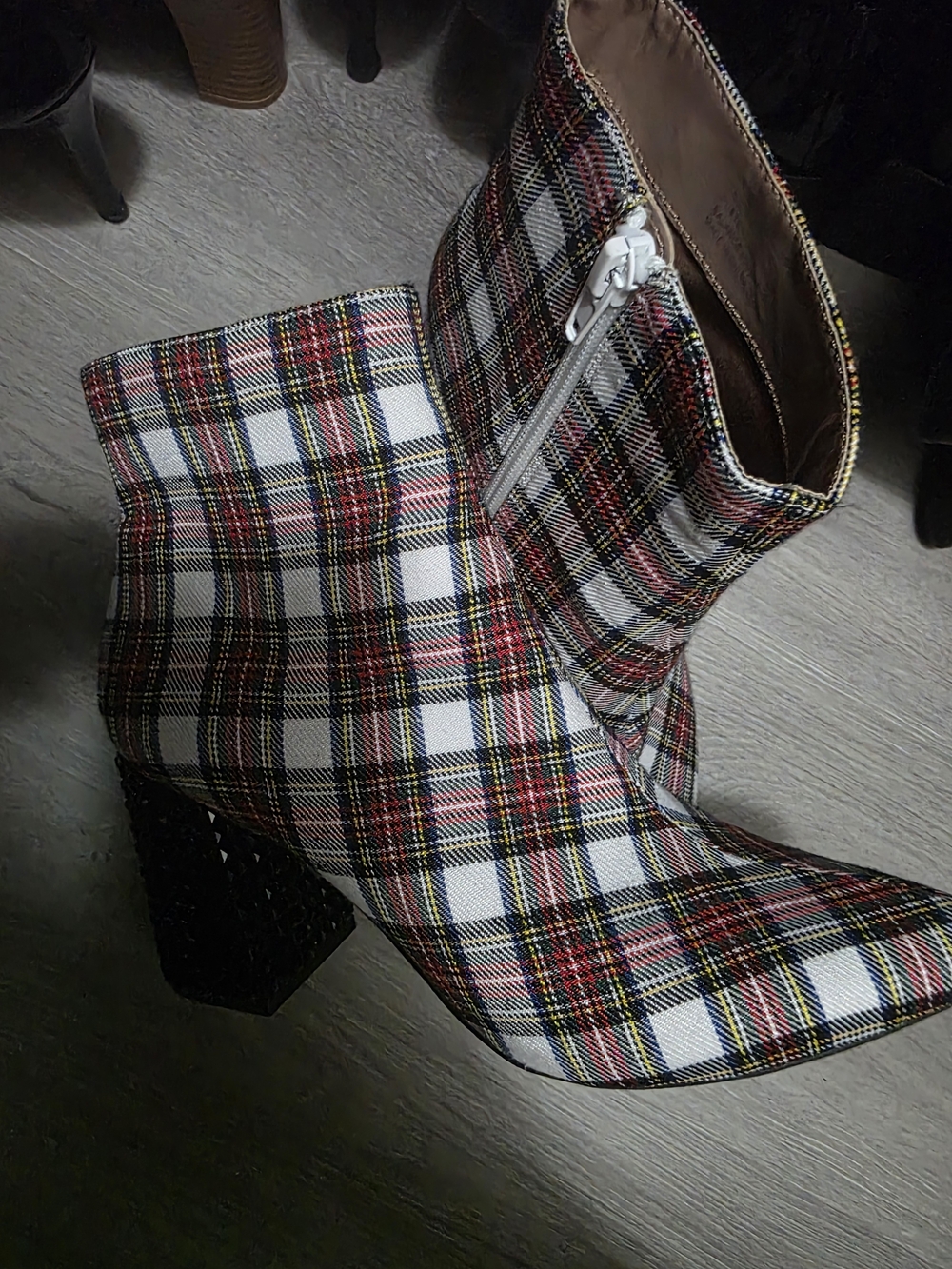Betsey Johnson Kassie 8.5M-Plaid Ankle Boots in White Multi Black Sequin Heel
